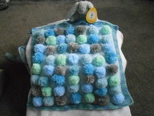Hand knitted Blue Multi * Pom Pom*  Baby boy Blanket +bunny bnwt.. * New Design*