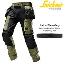 Snickers Slim Fit Stretch Cargo Work Trousers Holster Pockets Black Green 6218