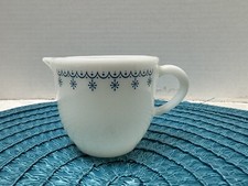 Vintage Pyrex Milk Glass Creamer Blue Snowflake Pattern #772 USA Made, Winter