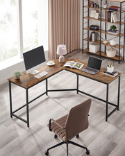 L Shaped Corner Desk Rustic Brown Black Computer Gaming Workstation Cable Hole