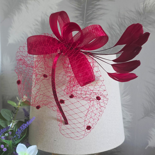 Burgundy mesh feather - feather, bow