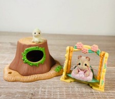 Vintage Rare Sylvanian Families Raccoon and Fairy Set Flower Swing stump