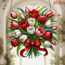 Red White Tulip Flower Bouquet Vibrant Suncatcher Stained Glass Effect Gift