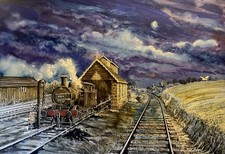 Winter moonlight steam engine shed & Owl original painting by  Ade Chandler
