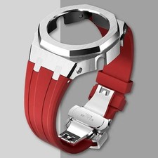 Casio G-Shock GA2100 Casioak Mod kit Red rubber strap with Silver steel case.