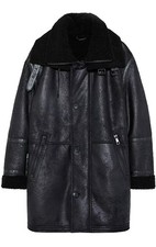 Zara MENS BLACK FAUX LEATHER FUR CONTRAST DOUBLE COLLAR COAT L Large VGC