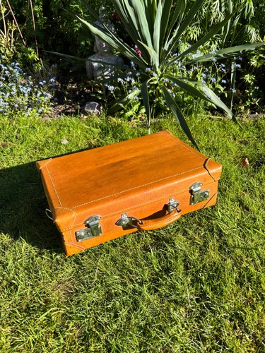 Old tan leather suitcase - leather,