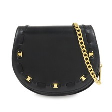 Ferragamo Varra Chain Shouder Bag Gold Chain Black Leather Auth Used