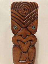 Vintage New Zealand Maori Wooden Carving Made Rotorua Paua Shell Eyes Sculpture