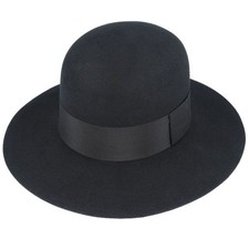 Wide Brim Bolero Fedora Hat – Black 100% Wool Felt Round Crown Stiff Flat Brim