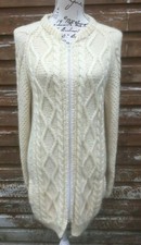 Ladies Wool Cardigan UK 10 M 38 Aran White Hand Knit Long Zip Pockets Cable Med