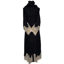 Women's Islamic Neda Black Stud Button Open Front Long Dress Abaya Burka Jala...
