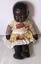LOVELY VINTAGE  BROWN  DOLL -  CLOTH BODY - SOLID HEAD- 16 INCH - NEEDS TLC
