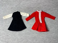Vintage 1960s doll dress black velvet red cotton white lace pleat fit 12" doll