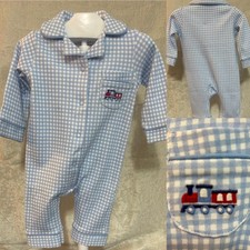 JoJo Maman Bebe Boys Train Check Print Sleepsuit