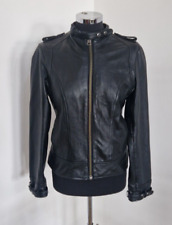 Mango leather jacket size L UK 10 black biker pockets pure real full zip lined 