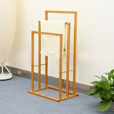Bamboo Wooden Towel Holder Bathroom Drying Rail Stand Storage Rack Free Standing