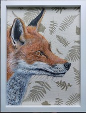 Original Large Red Fox painting Vanessa Arbuthnott Fern and Dragonfly fabric 
