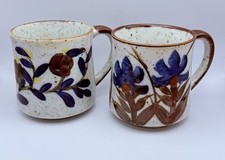2 Otagiri Speckled Stoneware Mugs Blue Flower Vines Leaves Berries