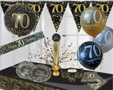 70th birthday black gold themed party decorations balloons bunting banners