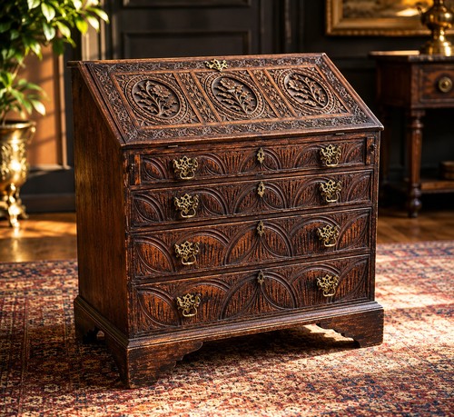 Ultra rare carved oak bureau - oak,