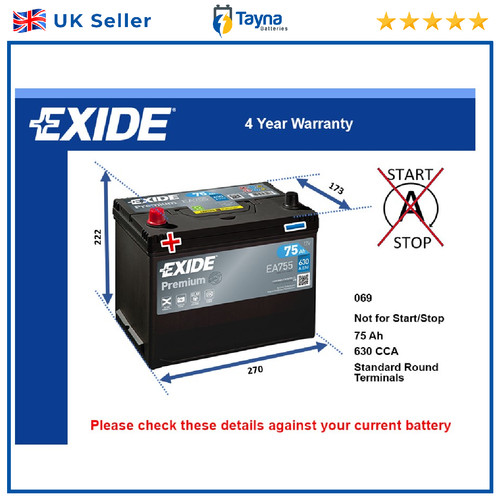 Car battery ea755 exide 069 - ea755,