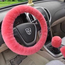 3Pcs/Set Winter Soft Plush Wool Steering Wheel Cover Furry Fluffy Car Accessory.