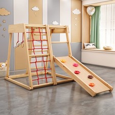 Wooden Jungle Gym Play Set Indoor Climbing Toy for Toddlers w/Slide & Rock Wall