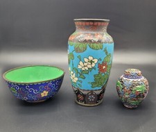Antique Chinese Japanese Cloisonne Vase Ginger Jar Bowl 3 Pieces