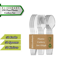 Disposable Plastic Cutlery Set 150 Clear Heavy Duty Spoons Forks Knives Reusable