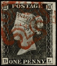 GB STAMP Penny Black 1840 Queen Victoria PL3 BL 4 margins STRONG RED MX Fine