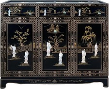 Chinese Oriental Black Lacquer Mother of Pearl Sideboard Cabinet