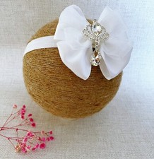 White Christening Headband, Baptism Headband, Big Satin Bow, Rhinestone Crown