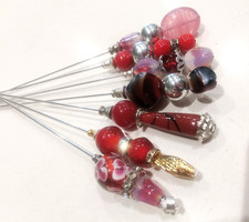Vintage Bead Hat Pins x 7  Red