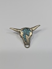 Cattle Head Lapel Pin Crushed Blue Tourquise Silver Color Metal Large Size 