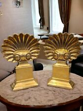 Brass 12" Andirons  Art Deco Hollywood Regency Shell Motif Fireplace Set MCM EUC