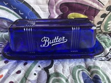 Cobalt Blue Glass Butter Dish Script Printed Embossed Depression Retro Style