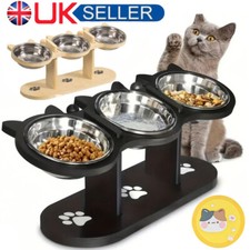 Cat Dog Food Feeding Stand Station Stainless Three Raised Bowls Wooden Holder UK