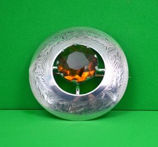 Antique Citrine Glass Scottish Cairngorm Brooch Kilt Pin Silver plated Large