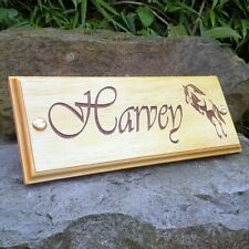 Horse Stable Name Plate Wooden Door Plaque - Vivaldi Font - Jumping Horse Logo