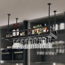 Industrial Vintage Bar Floating Shelf Black Ceiling Mounted Wine Bottle Holder