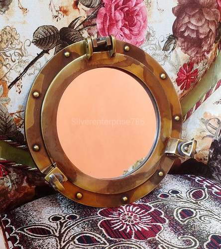 Antique brass porthole mirror - brass,