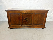 Vintage Solid Oak Blanket Box / Coffer – Carved Front Chest Storage Trunk