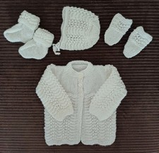 Hand knitted prem/small baby girl white matinee set, soft 3 ply, bnwot