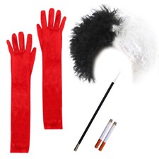 CRUELLA COSTUME LADIES BOOK DAY WIG CIGARETTE GLOVES DALMATIAN FANCY DRESS LOT