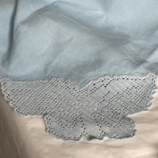 VTG Retro Sky Blue tablecloth 34 in square lace edge with Butterly corners