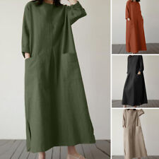 UK Womens 3/4 Sleeve Casual Loose Cotton Long Dress Vintage Kaftan Maxi Dresses