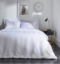 Playboy Soft Satin Stripe Superking Duvet Cover Bedding Set of 4pc. White New