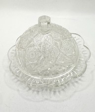 Pressed Glass Scalloped Edge Butter Pat Dish W/Dome Lid 3.75”rnd x 2.5”h