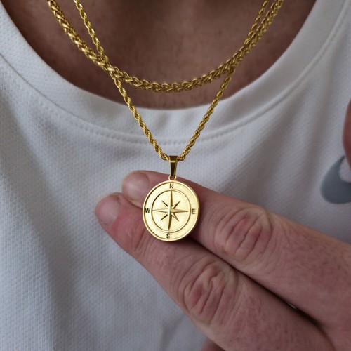 Gold mens necklace compass - gold, necklace,